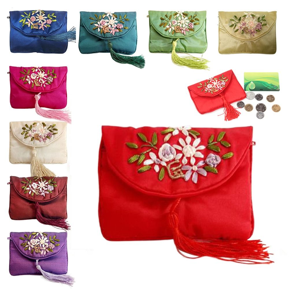 Elegant Embroidered Flower Women Tassels Handbags Handmade Zipper Coin Purse Card storage Ethnic Style National Small Bag