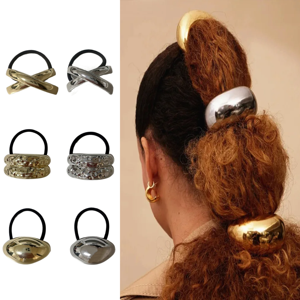 High Quality Metal Hammered Arch Pony Rhodium Hairband Gold/Silver Vintage Elastic Hair Ties Large Horsetail Retainer
