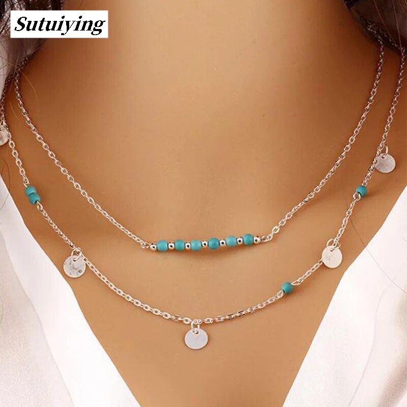 Sutuiying Nature Stone Multi Layer Necklace Gold Color Charming Spangle Fifty percent discount Collar Necklaces for Women Green Stone Neckless Women Jewelry