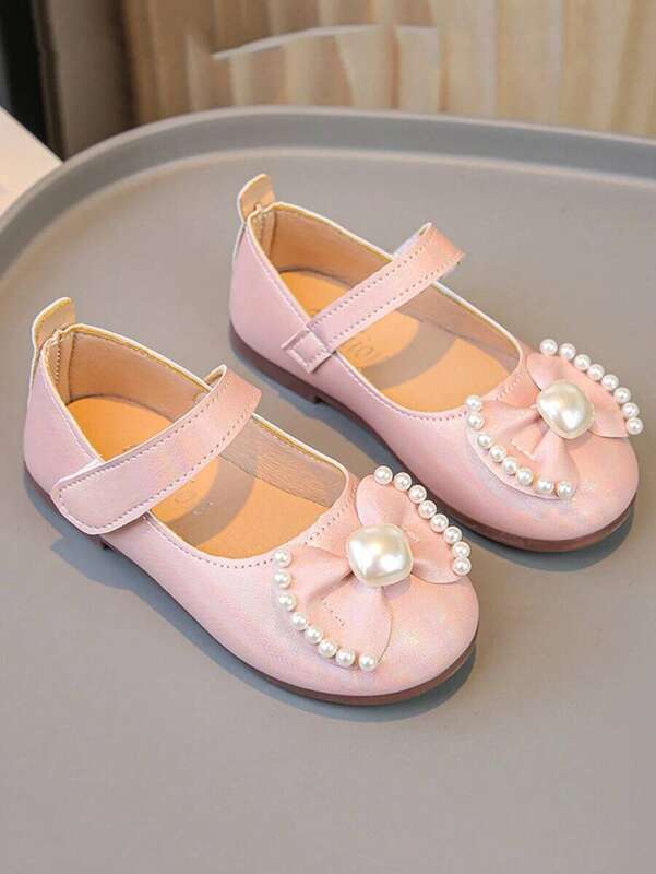1 Pair Girls Flat Shoes, Pink Comfortable Versatile Hook And Loop Bow Ballerina Dance Shoes