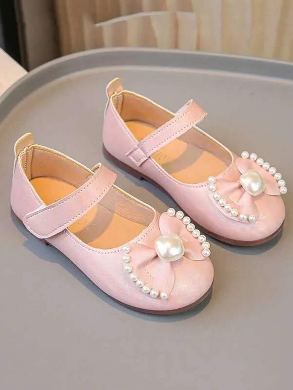 1 Pair Girls Flat Shoes, Pink Comfortable Versatile Hook And Loop Bow Ballerina Dance Shoes - image 1