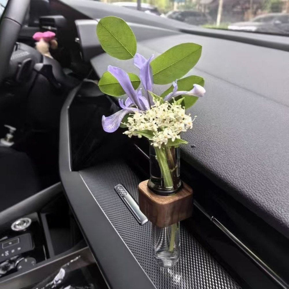 Creative Mini Car Flower Vase Clip Adjustable Wooden Car Vent Decor Stable DIY Flower Arrangement Car Flower Arranger