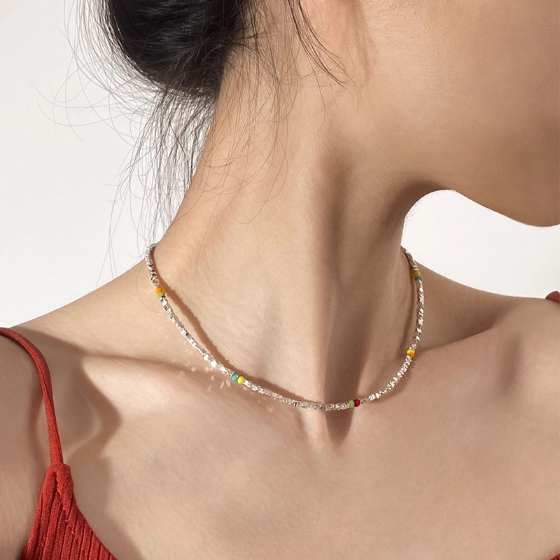【Mega Dopamine Broken Silver Several Beaded Necklace Accessories Light Luxury High-end Clavicle Chain 2024 New Style