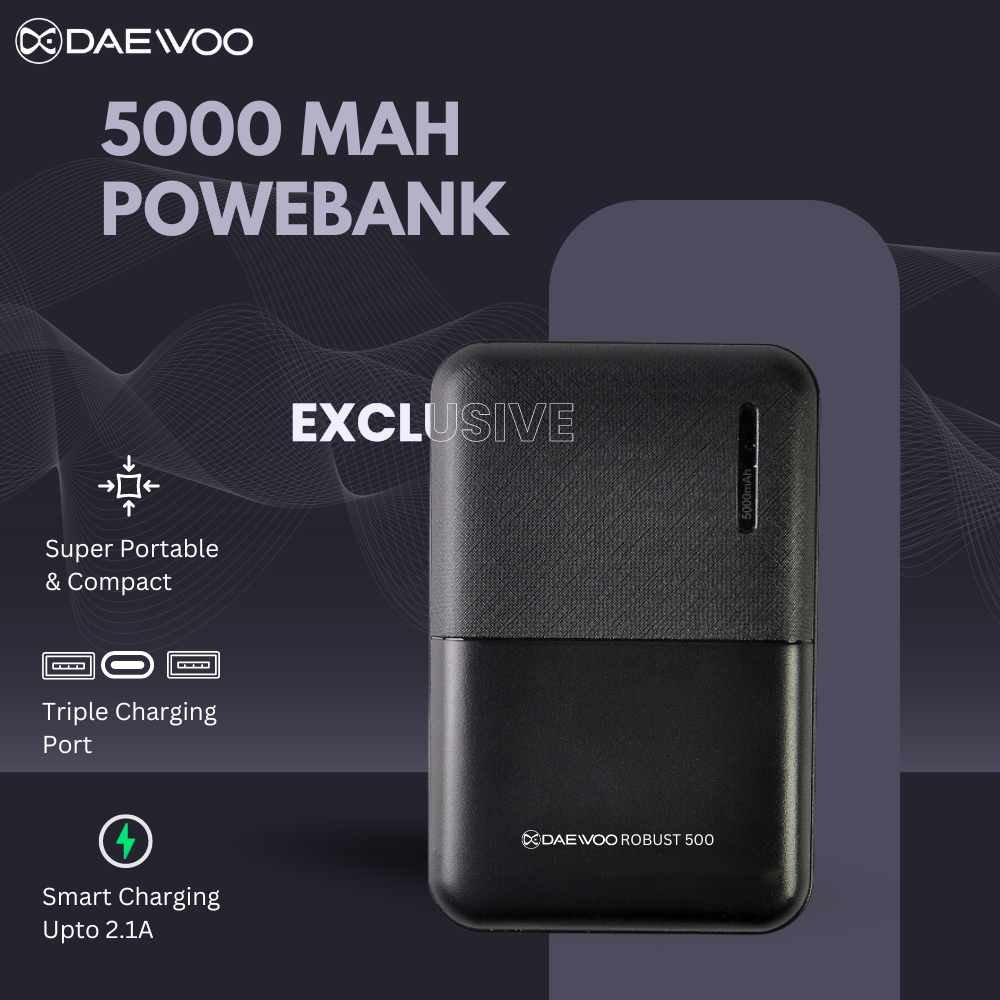 Daewoo Robust 500 | 5000 mAh Power Bank | 12W Smart Charging | Type C Input Output | 1 Year Warranty | Lithium Polymer | Compact Pocket Size