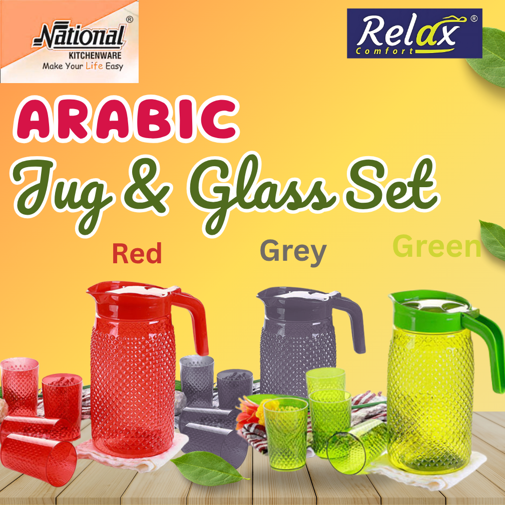 National Arabic Jug & Glass Set - Premium Multicolor Plastic Drinkware | 1 Stylish Jug with 6 Glasses | Ideal for Juice, Water & Cold Drinks | Durable & Elegant Kitchenware | Home Use | Relax Comfort | Export Quality | Online Best Seller