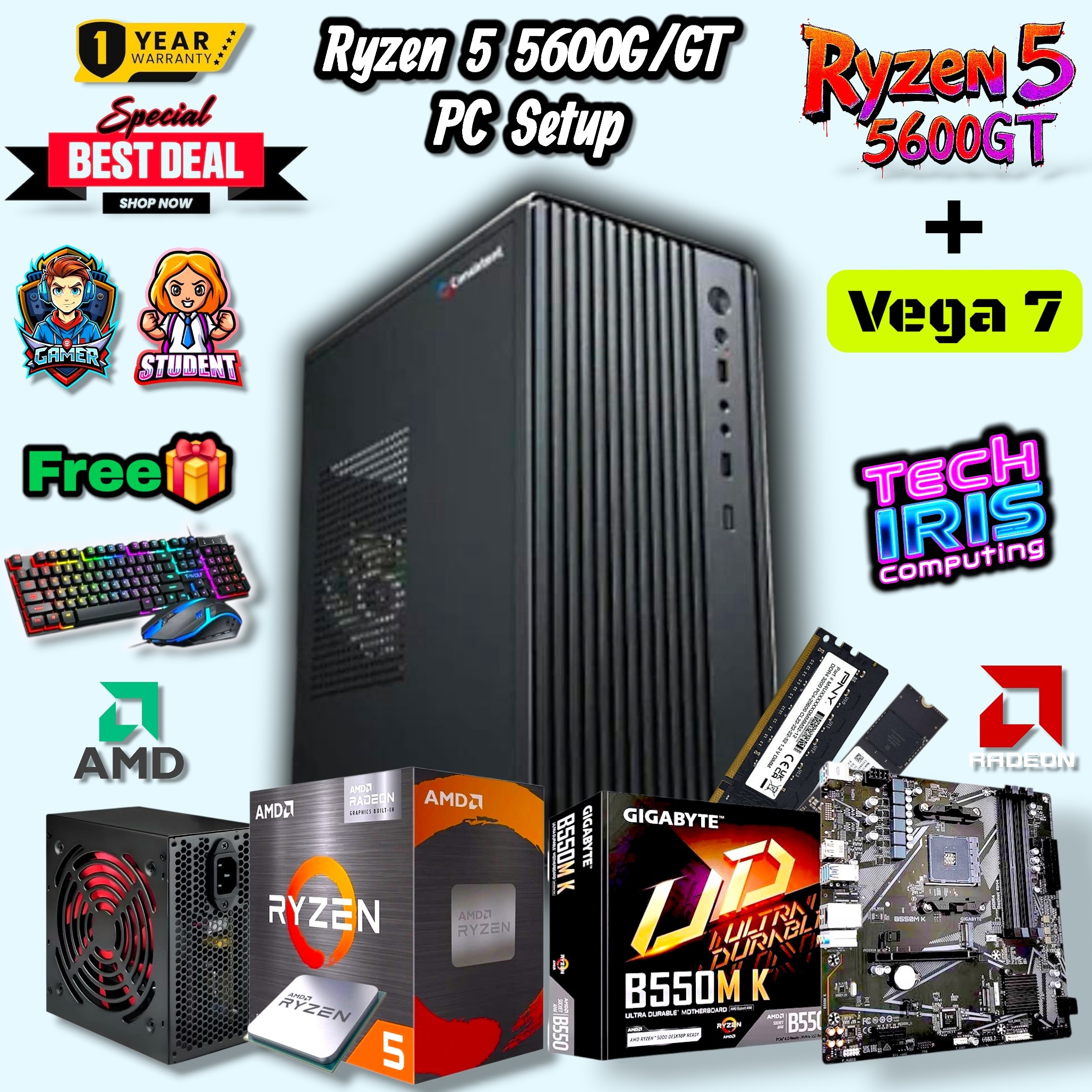 Budget AMD Ryzen 5 5600G/GT PC Setup , 8 & 16GB DDR4 RAM, 512GB & 256GB Nvme Gaming Editing CPU
