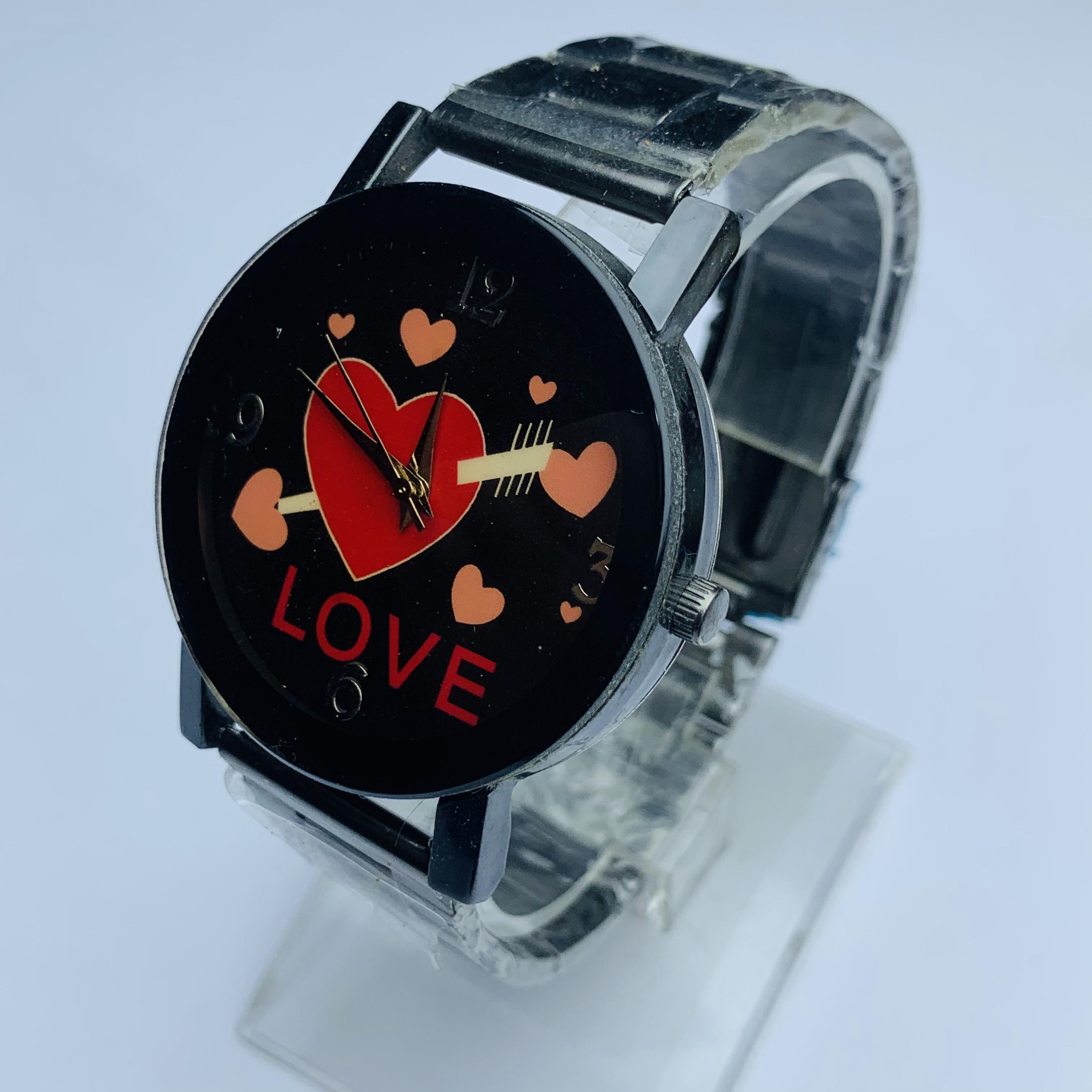 Gift For Your Loves One Attractive Design Round Black Love Design Dial Stainless Steel Black Chain Watch For Women-Time Plaza Store
