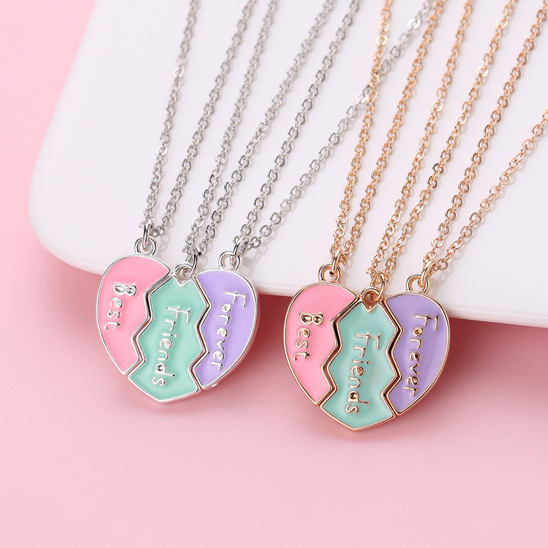 New Luoluo baby 3Pcs/set Cute 3-color Heart Broken Stitching Magnetic Best Friend Necklace for Girls BFF Friendship Jewelry Gift