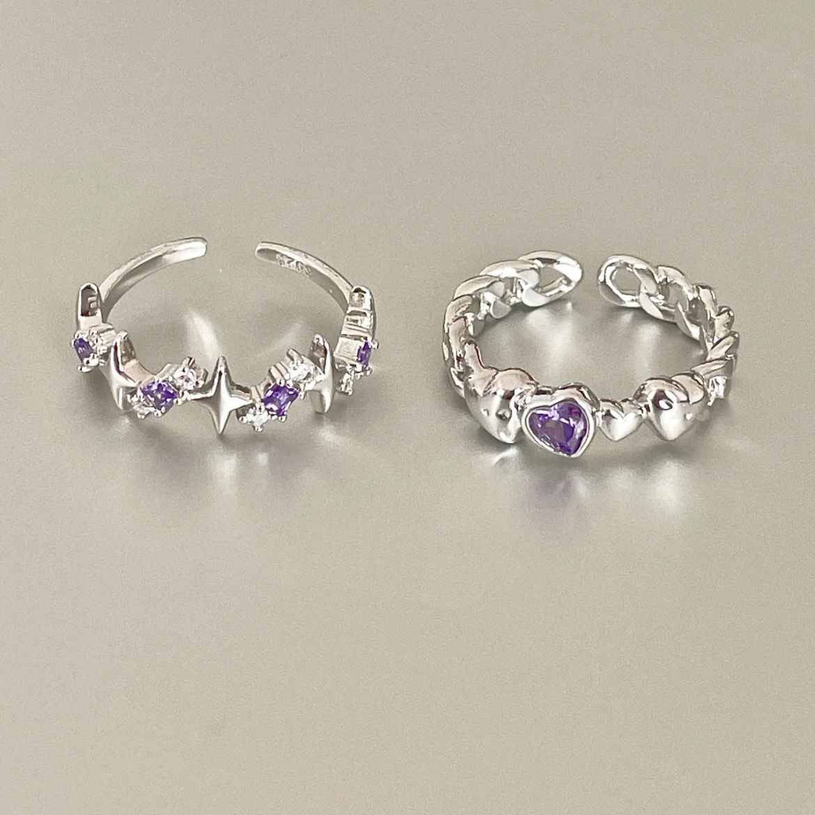 【New arrivals】Dream Starry Sky Purple Diamond Love Ring Women's Niche Ins Trendy Light Luxury Four Mans Star Index Finger Ring Sweet Cool Foods Ring