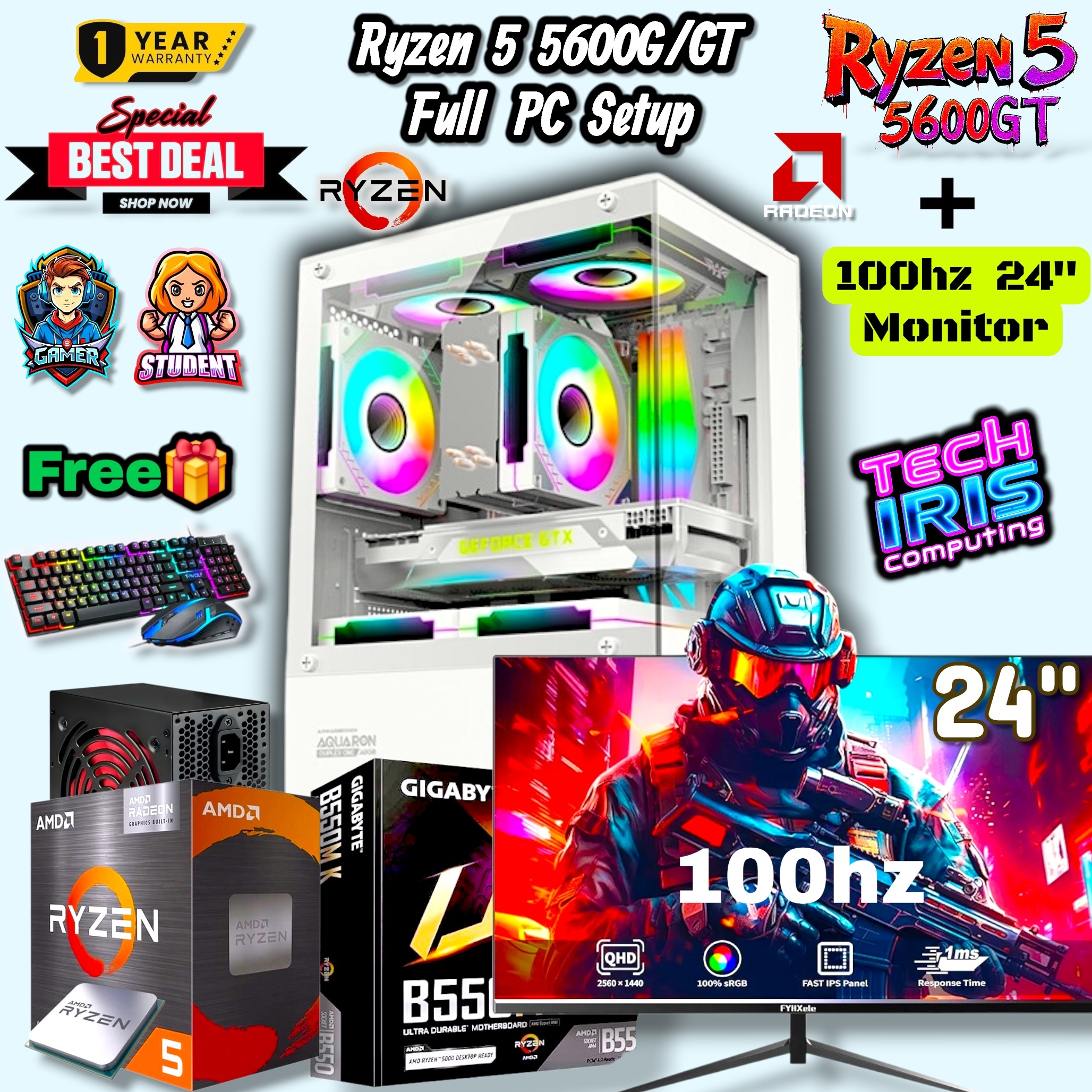 AMD Ryzen 5 5600G/GT Pairs 24" 100hz Monitor Transparent Gaming PC Setup With 800Watt PSU, B550M/A520M Board, 8/16GB DDR4 RAM, 512/256GB Nvme M.2 SSD Gaming CPU Desktop.