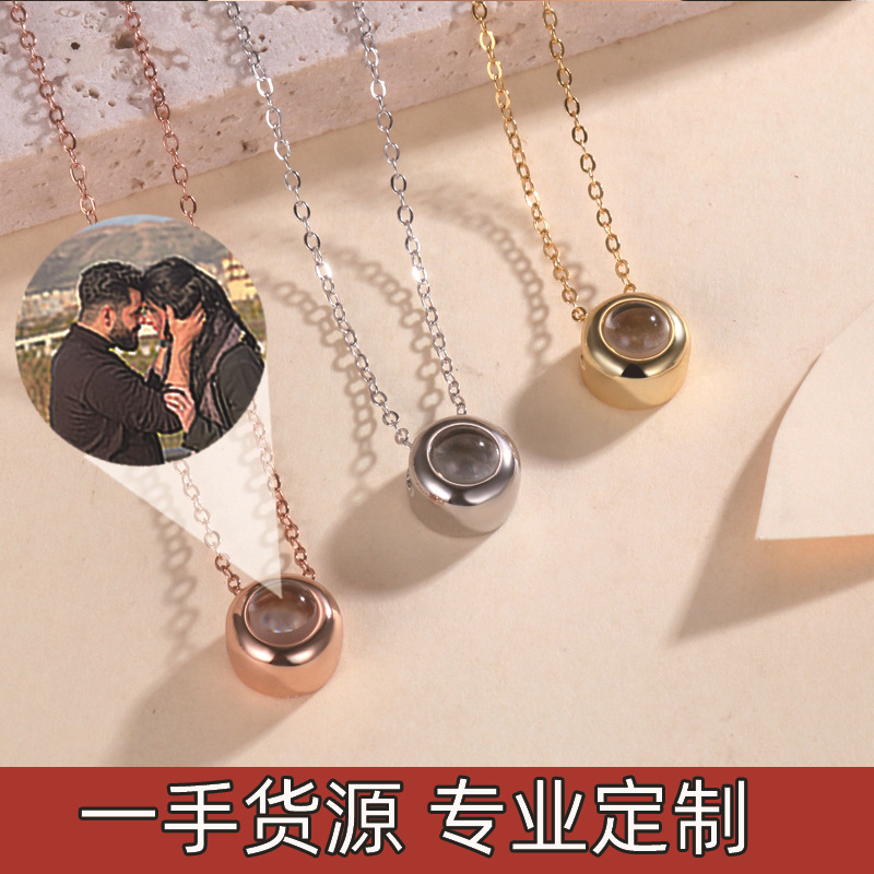 【Mega Sale】Silver 100 Languages Love You Round Bead Projection Necklace Women's Fixed Color Photo Black and Text Name Micro Carving