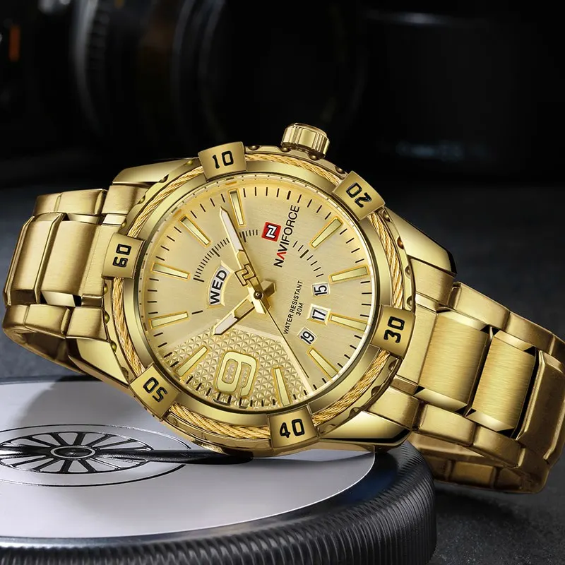 NaviForce NF9117 Day Date Function Classic Stainless Steel Watch For Men - Golden