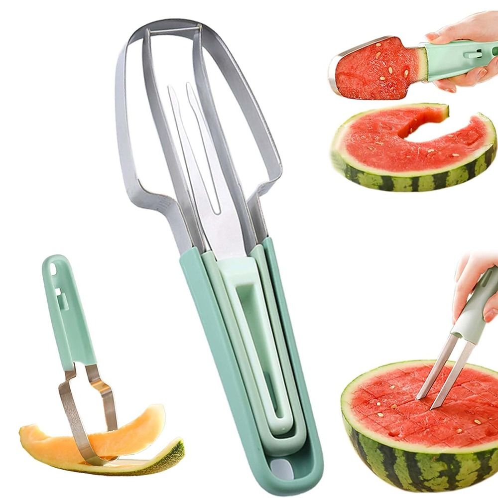 Lightweight Stainless Steel Watermelon Cutter With Fork 3-in- Handheld Watermelon Popsicle Slicer Comfortable Handle Portable Dig Pulp Separator Home