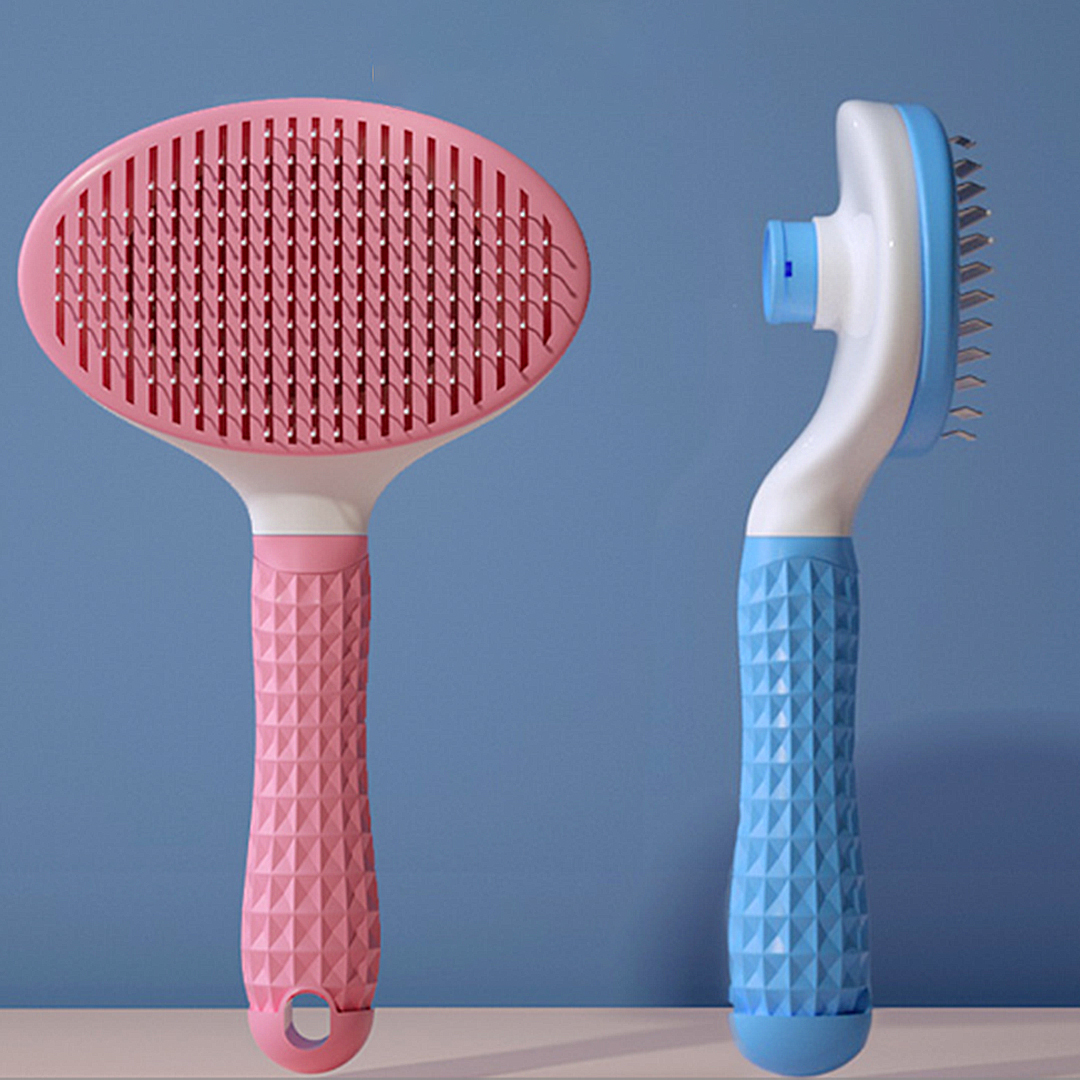 Dog Cat Grooming Brush with Self-Cleaning Feature and Silicone Handle for Easy Pet Care