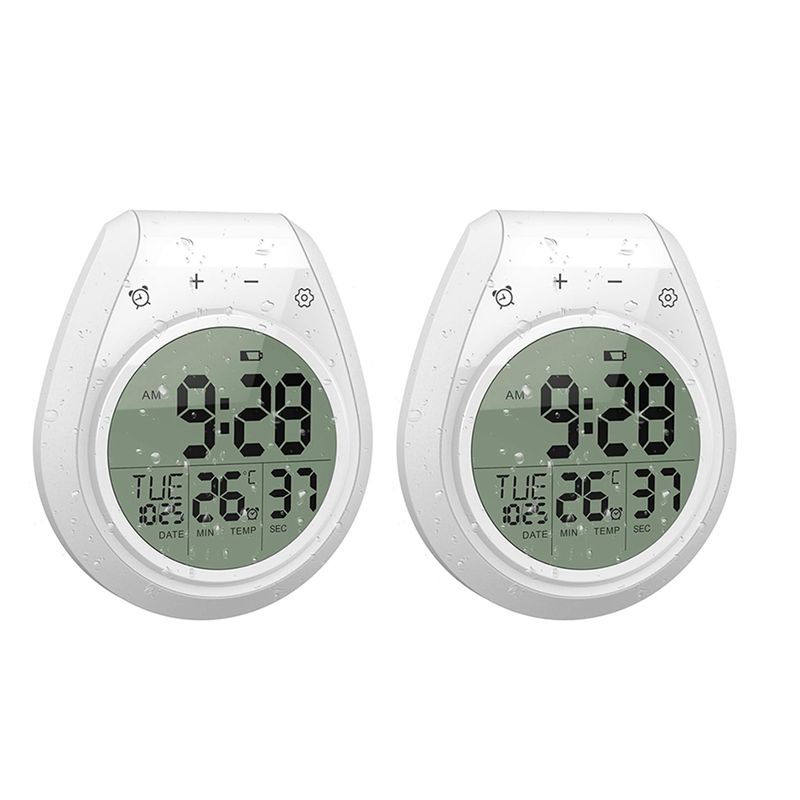 FORIDE 2X Digital Shower Clock Waterproof, Bathroom Clock, Digital Kitchen Wall Clock, LCD Display, 12/24 Hour Format