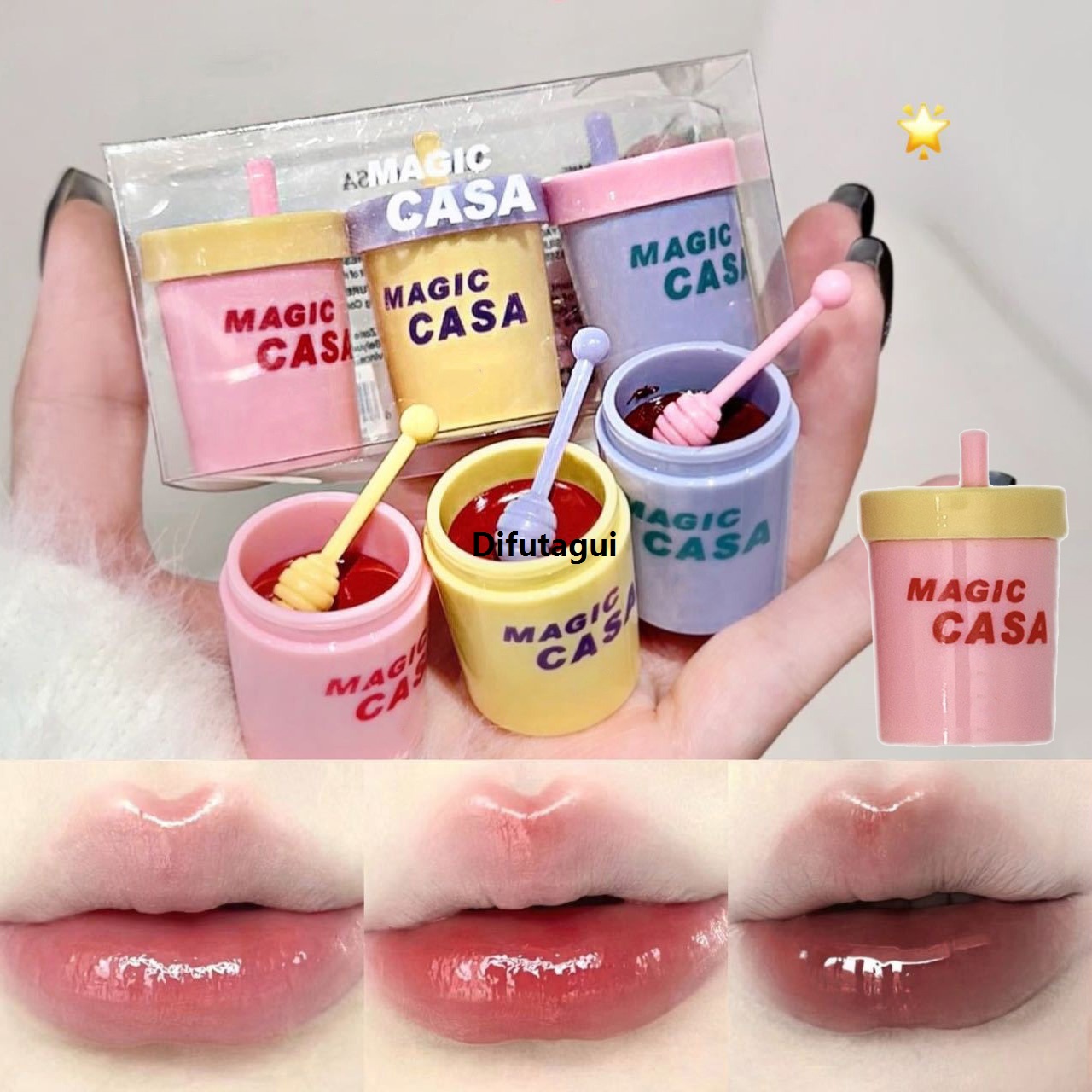 Difutagui 1/3Pcs Jelly Lip Gloss Cute Cup Shape Moisturizing Mirror Lip Glaze Set Non-stick Holding Makeup Color Water Light Lipstick Mud