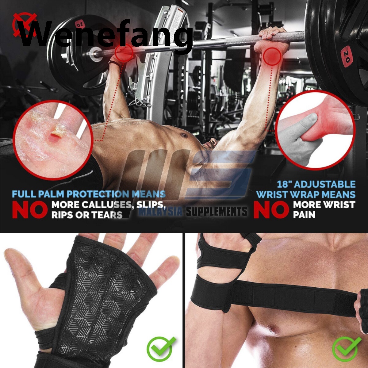 Wenefang BLH Gym Gloves + Wrist Protection, 1 Pair - Anti-Slip | Wristband | Wrist Support | Sport Glove