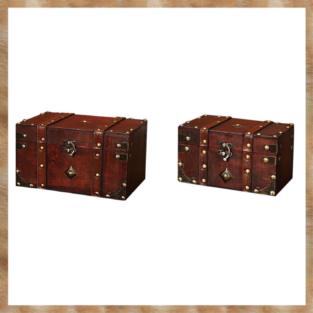 (GGBR) 2 Pcs Retro Treasure Chest Vintage Wooden Storage Box Antique Style Jewelry Organizer Big & Small