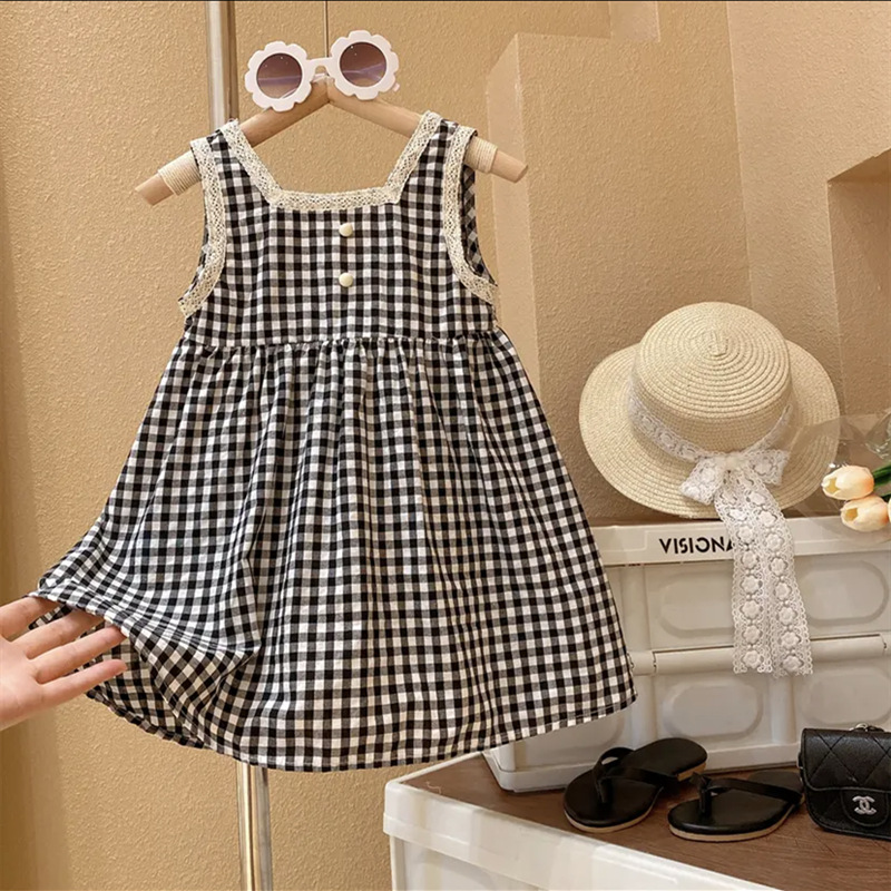 Girls roman holiday dresses, summer dresses, new foreign styles, plaid princess dresses, lace side vest skirts