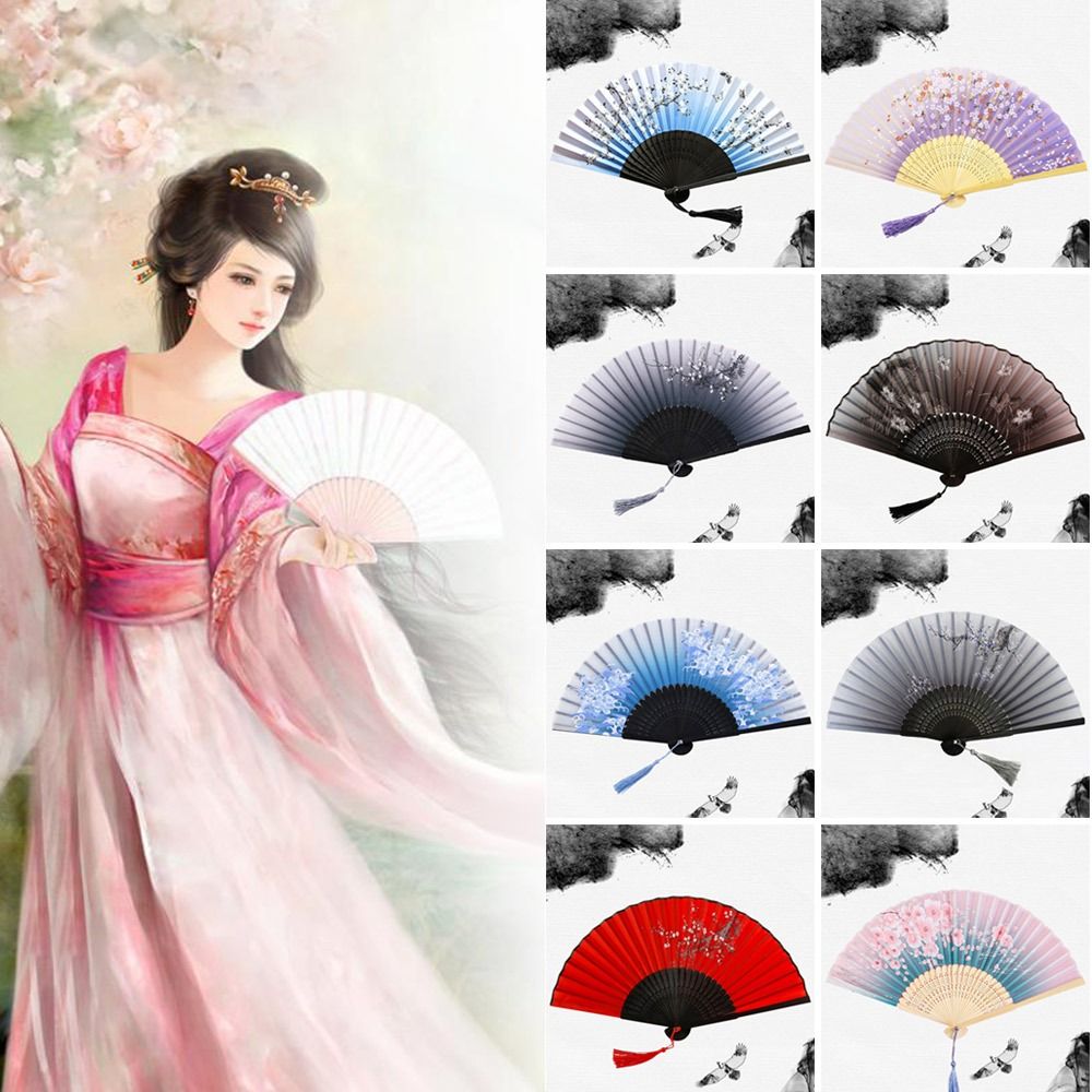 Vintage Chinese Style Folding Fan bamboo hand Wooden Shank Classical Dance with Tassel Elegent Female Home Decor