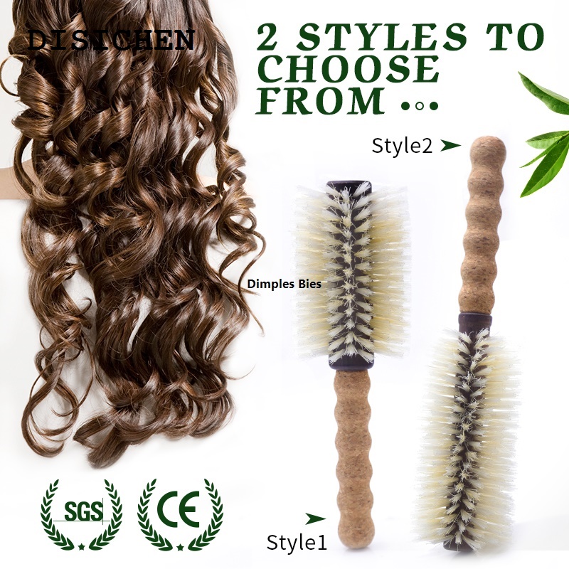 DISICHEN Fashion Hairdressing Wooden Handle Comb Styling Bucket Ladies 1PC Boar Bristle Round Brush Cork Handle Curl Anti-static Tool