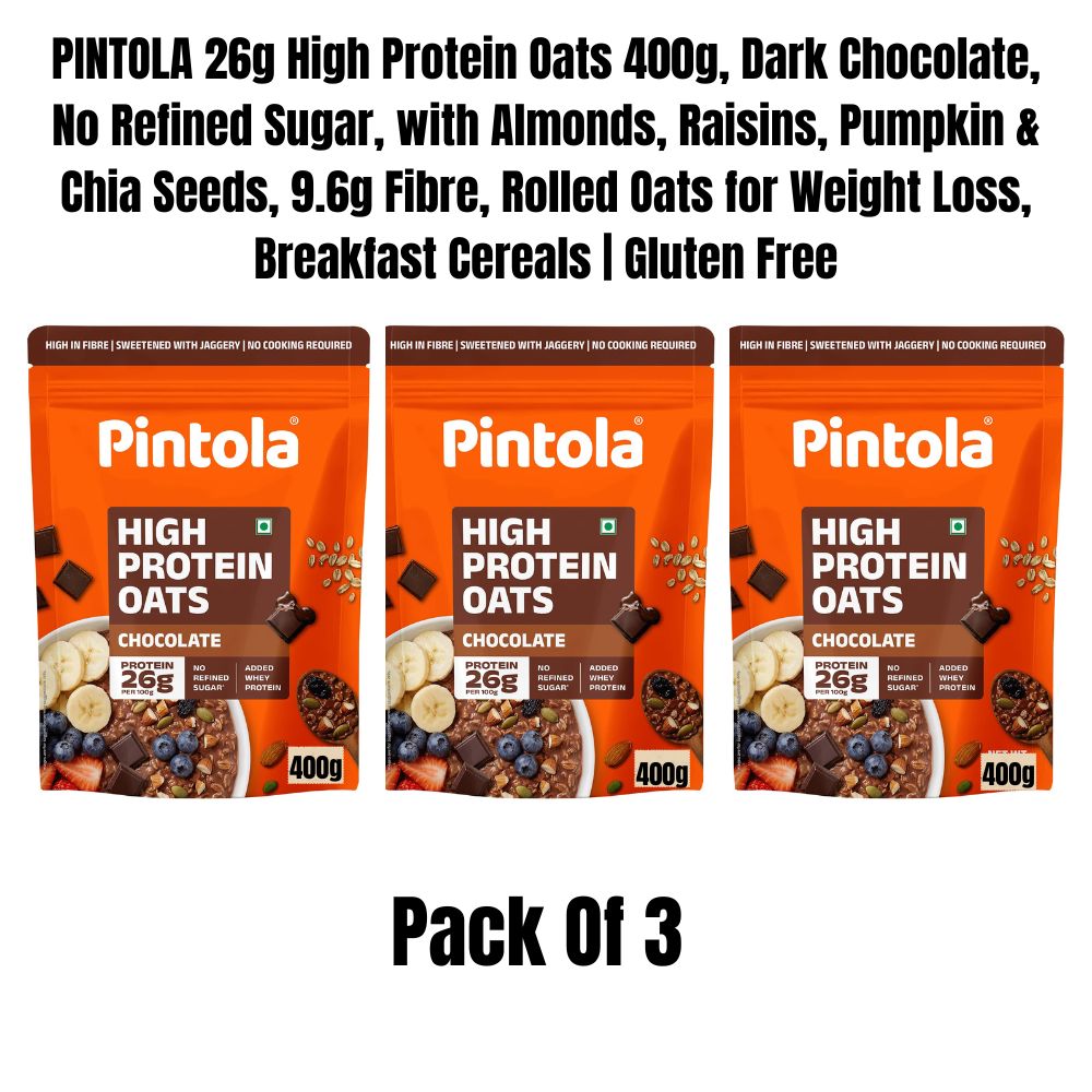 Pintola High Protein Oats Dark Chocolate 1kg (Pack Of 2) - 25g Protein per Serving, No Refined Sugar, 8g Fibre, Almonds Raisins Pumpkin & Chia Seeds, Rolled Breakfast Cereal for Adults, Gluten Free | Made in India