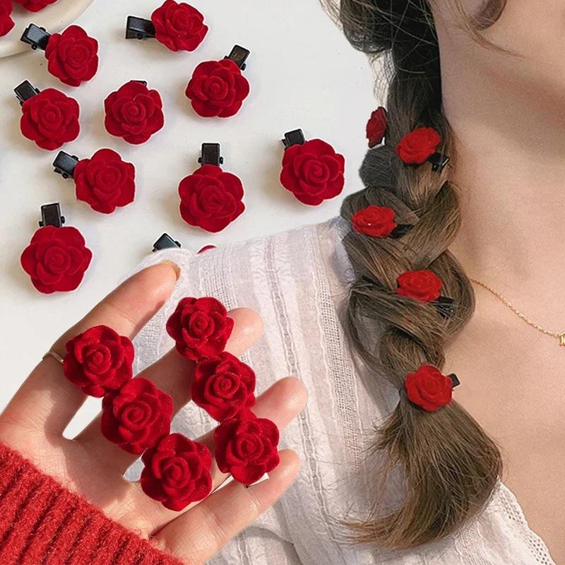 Wenefang Fashion 2/20pcs Small Red Velvet Rose Hair Clips For Women Korean Flower Hairpins Girls Elegant Hair Clip Pin Barrettes Hair Accessories