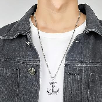 "Navy Anchor-Shaped Cross Titanium Steel Mens Pendant Necklace Punk Personality Jewelry with stainless steel Chain"