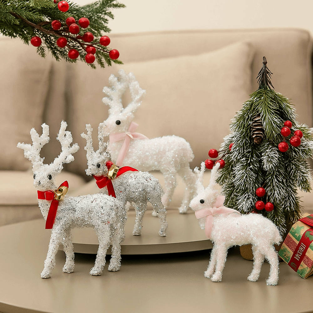 Seasonal Embellishment Cartoon Christmas Reindeer Ornaments Glittering With Scarf Reindeer Sculpture With Bell Mini Deer Pendant Christmas Tree Decor