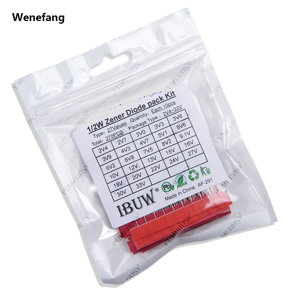Wenefang 270pcs/lot 0.5W Zener Diode Kit Assortment Set 1/2W 2V4-33V Zener 2025 Diode Pack 12V 18V 5V1 5V6 3V3 3V6 4V3 4V7 6V2 6V8 7V5 20V 22V