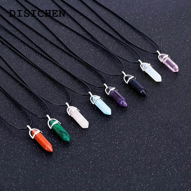 DISICHEN Luxury Hexagonal Column Quartz Necklaces Turquoises Pink Crystal Pendent Necklace For Women Leather Chain Natural Stone Choker Jewelry