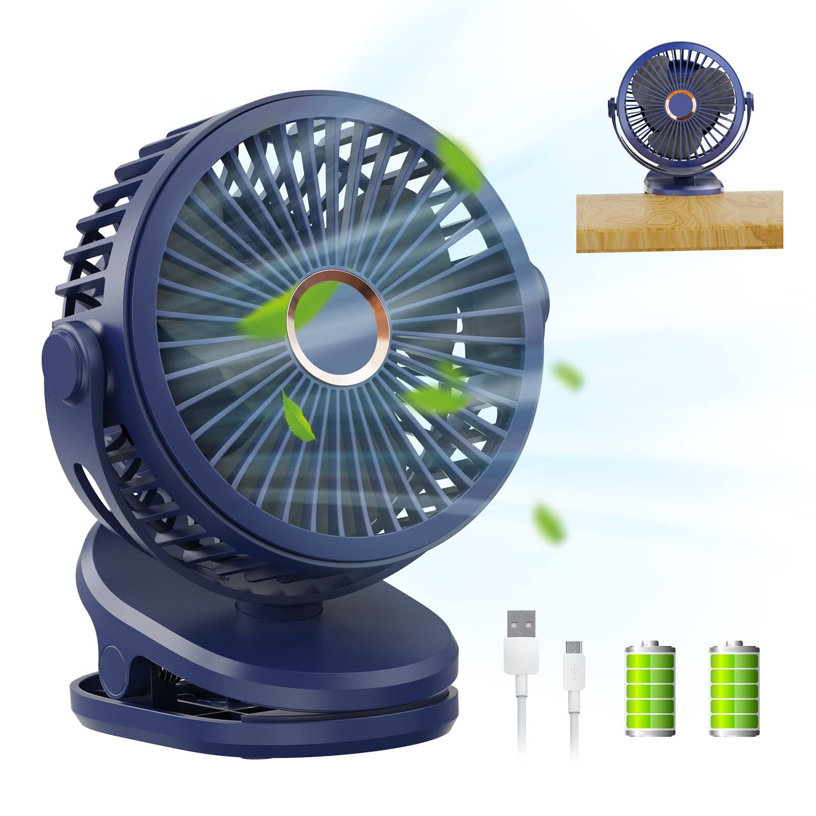 Rechargeable Clip-on Fan with LED Night Light | USB or Battery Powered | Adjustable Speed for Desk & Bedroom