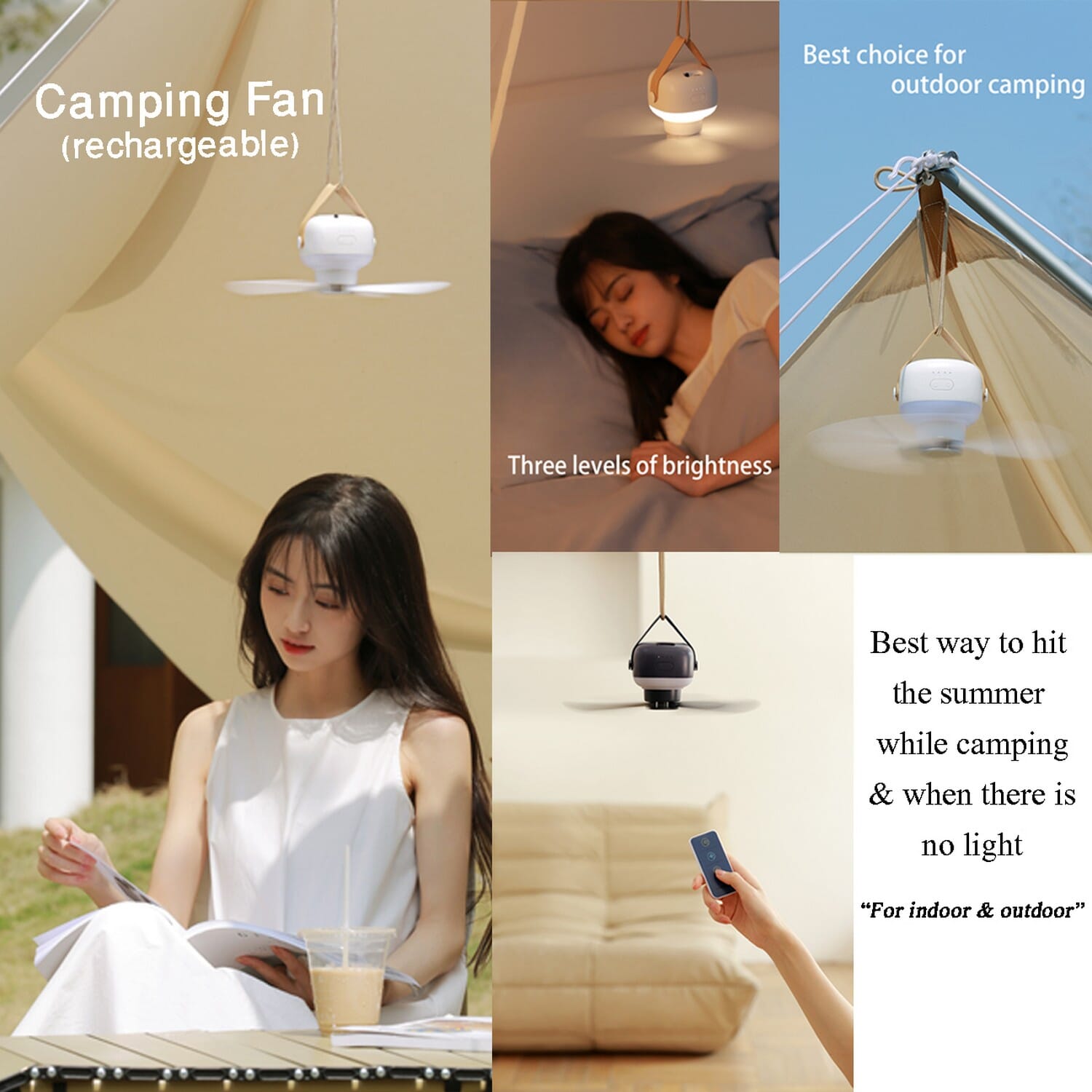 USB Rechargeable Portable Camping Fan Ceiling Fan For Indoor & OutdoorWith Remote Control