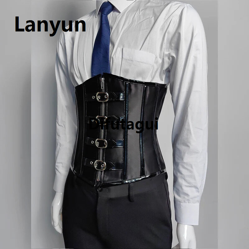 Difutagui Men Corset Waist Trainer Steel Bones Lace Up Tight Profesional Tops Tummy Control Medieval Body Shaper With Zipper