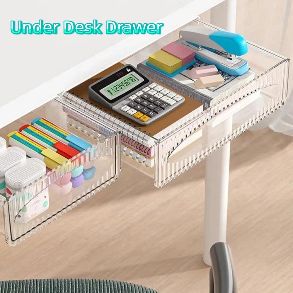 Sundries Rack Large Capacity Under Desk Drawer Transparent Self Adhesive Pull Out Storage Box Slide Out Plastic Desk Organizer Household