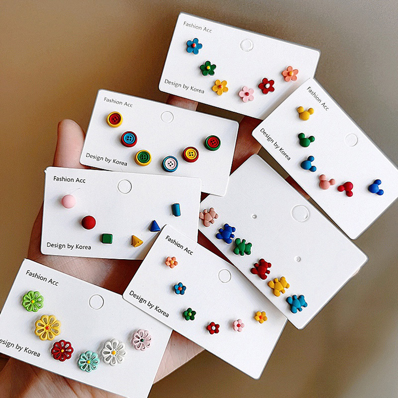 6Pcs/set Colorful Daisy Flower Button Stud Earrings Cute Button Bear Earrings Wodde