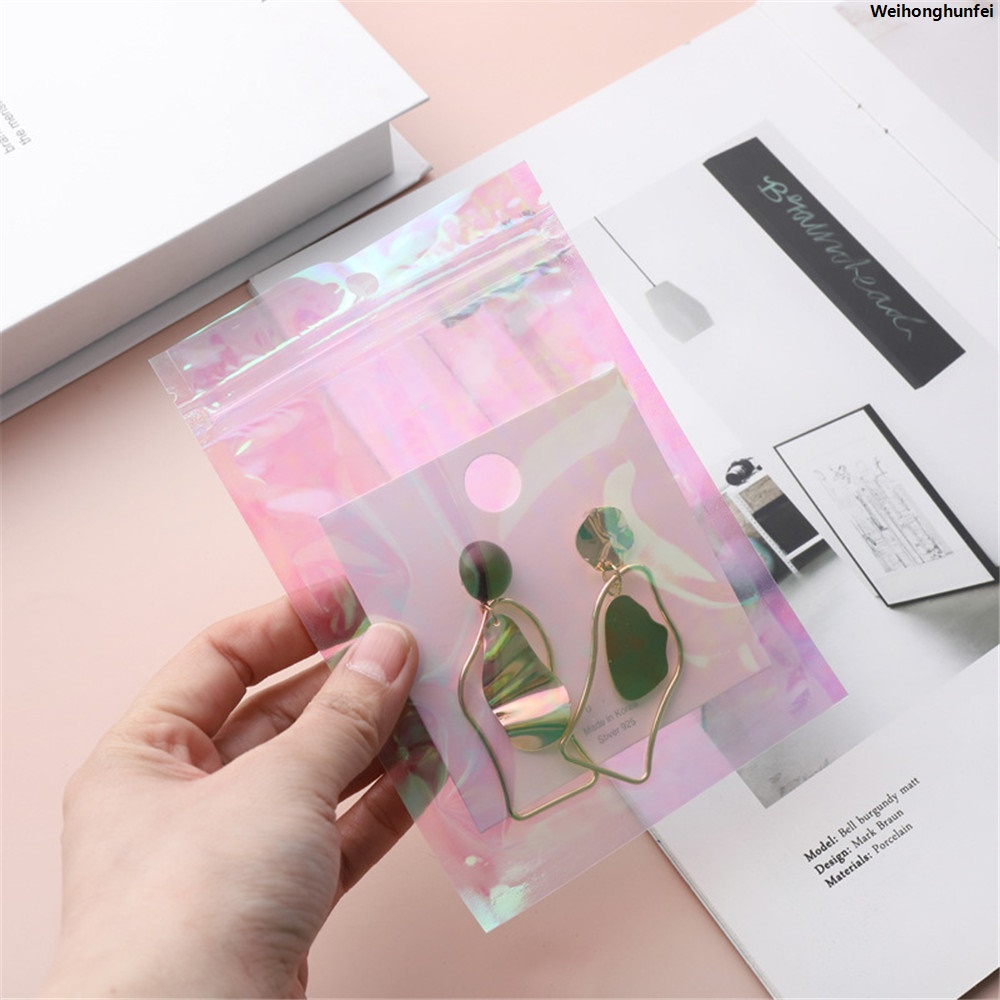 Weihonghunfei100Pcs Earrings Jewelry Gift Transparent Packaging Bag Plastic Sealed Bag Rainbow Film Laser Resealable Ziplock Bag New