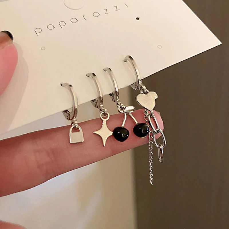 Asymmetric Love Heart Cherry Drop Dangle Earrings 4 pcs Set Silver Color Elegant Set Of Earrings Trend Girls Earring For Women