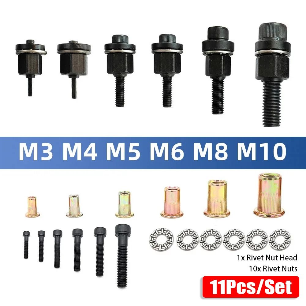 11Pcs/Set New Mandrel Staple Hand Rivet Nut M3 M4 M5 M6 M8 M10 Easy Installation Manual Riveter Tool For Rivet Nut Torch with Rivet Nuts Head Rivet Tool Set