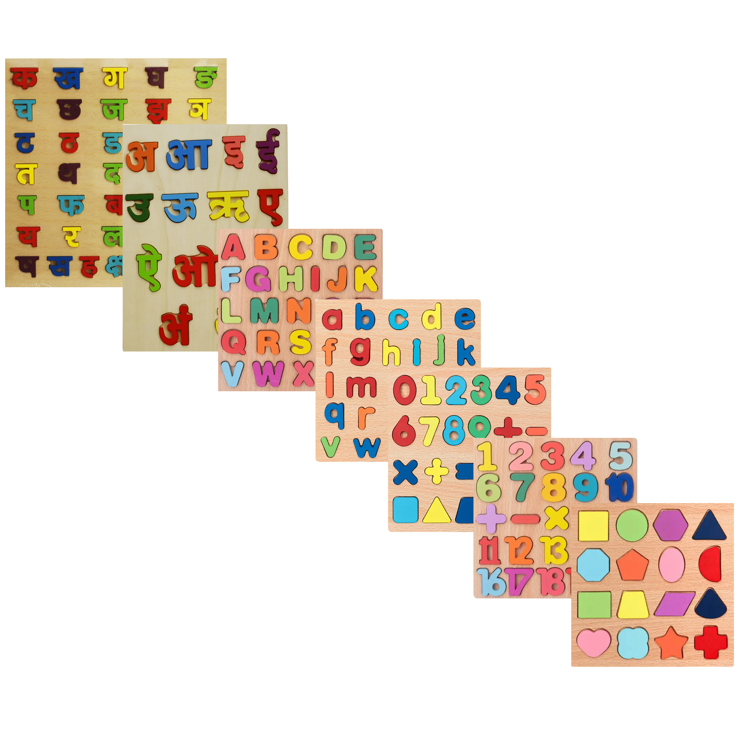 7-Pieces Wooden Learning Puzzle Set | Numerical Numbers, Counting, Geometric Shapes, English Letters, Nepali Vowels & Consonants | Educational Boards