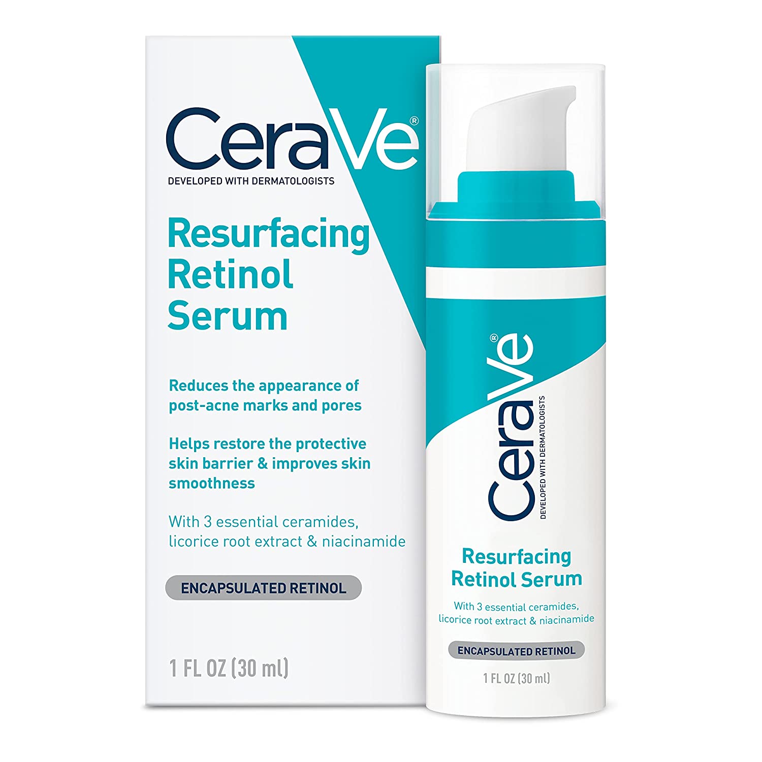 CeraVe Retinol Serum for Post-Acne Marks and Skin Texture Pore Refining, Resurfacing Fragrance Free & Non-Comedogenic 1 Oz, 30ml