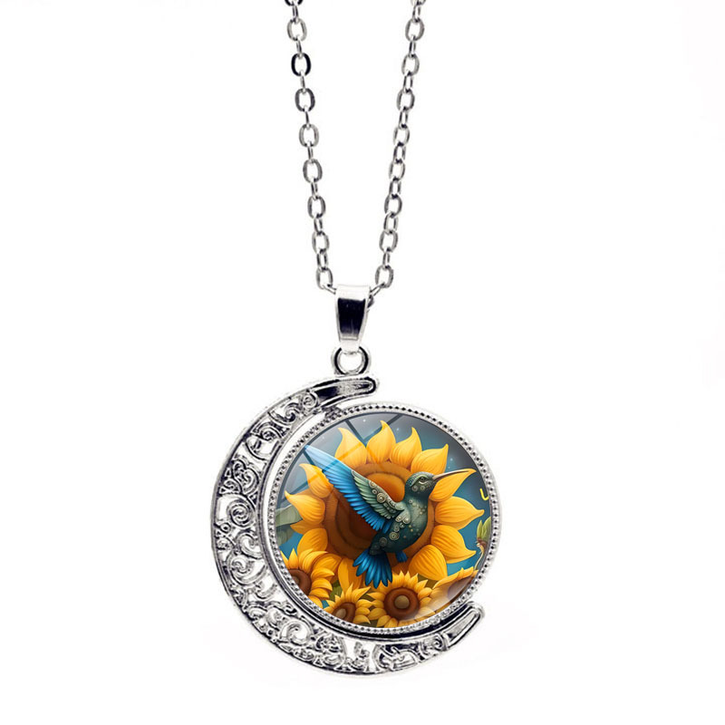 【Special offer】Multi Color Hummingbird Necklace Women Fashion Double Sided Rotating Moon Pendant Retro Woolen Chain