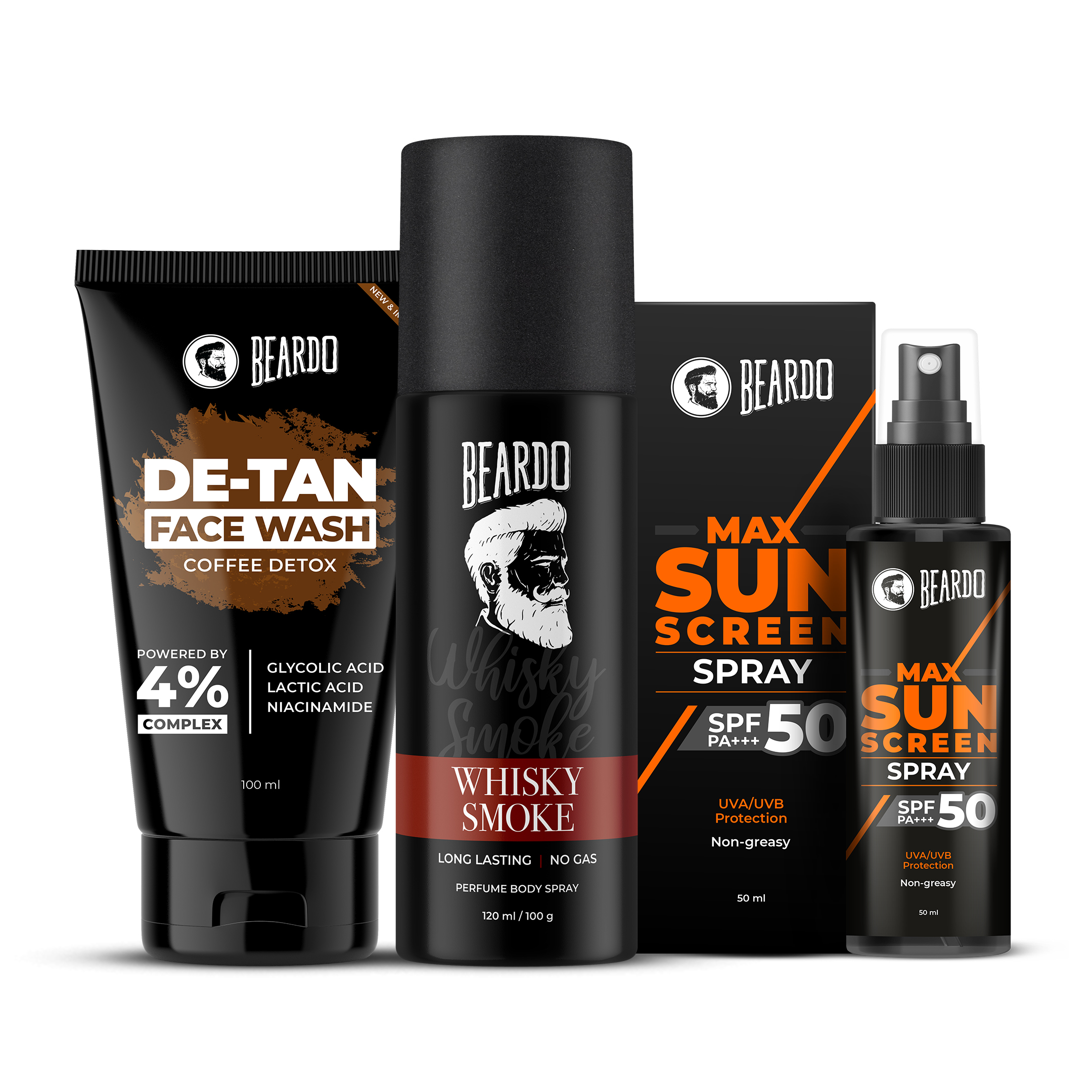 Beardo Face The Sun Starter Kit Combo | DeTan Face Wash 100ml | Whisky Smoke 120ml | Max Sunscreen Spray 50ML