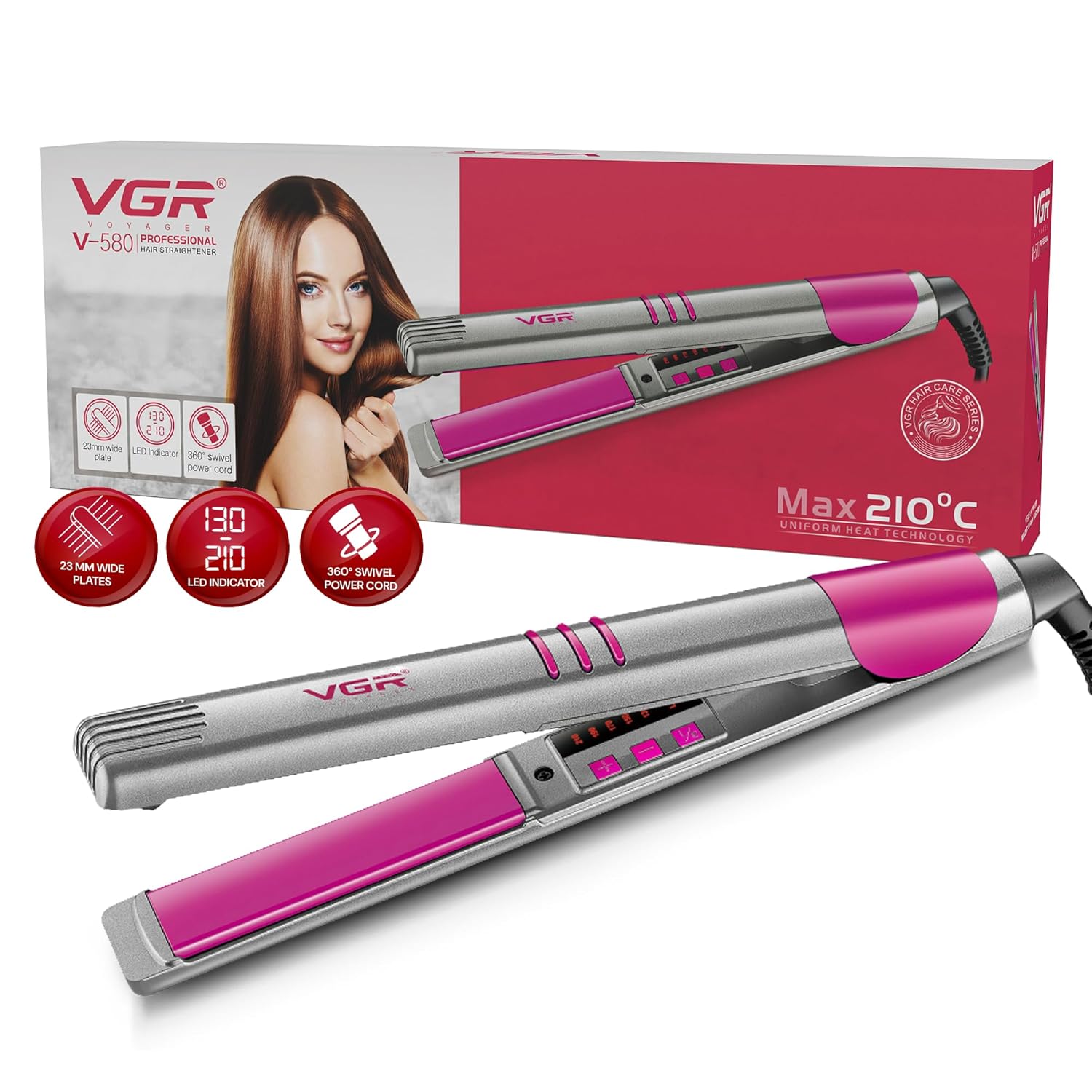 VGR V-580 Professional Ceramic Hair Straightener, 5 Temp Settings 130°C-210°C, Uniform Heat Tech, LED Display, 360° Swivel Cord, Lockable Plates, Salon Like Smooth & Shiny Hair