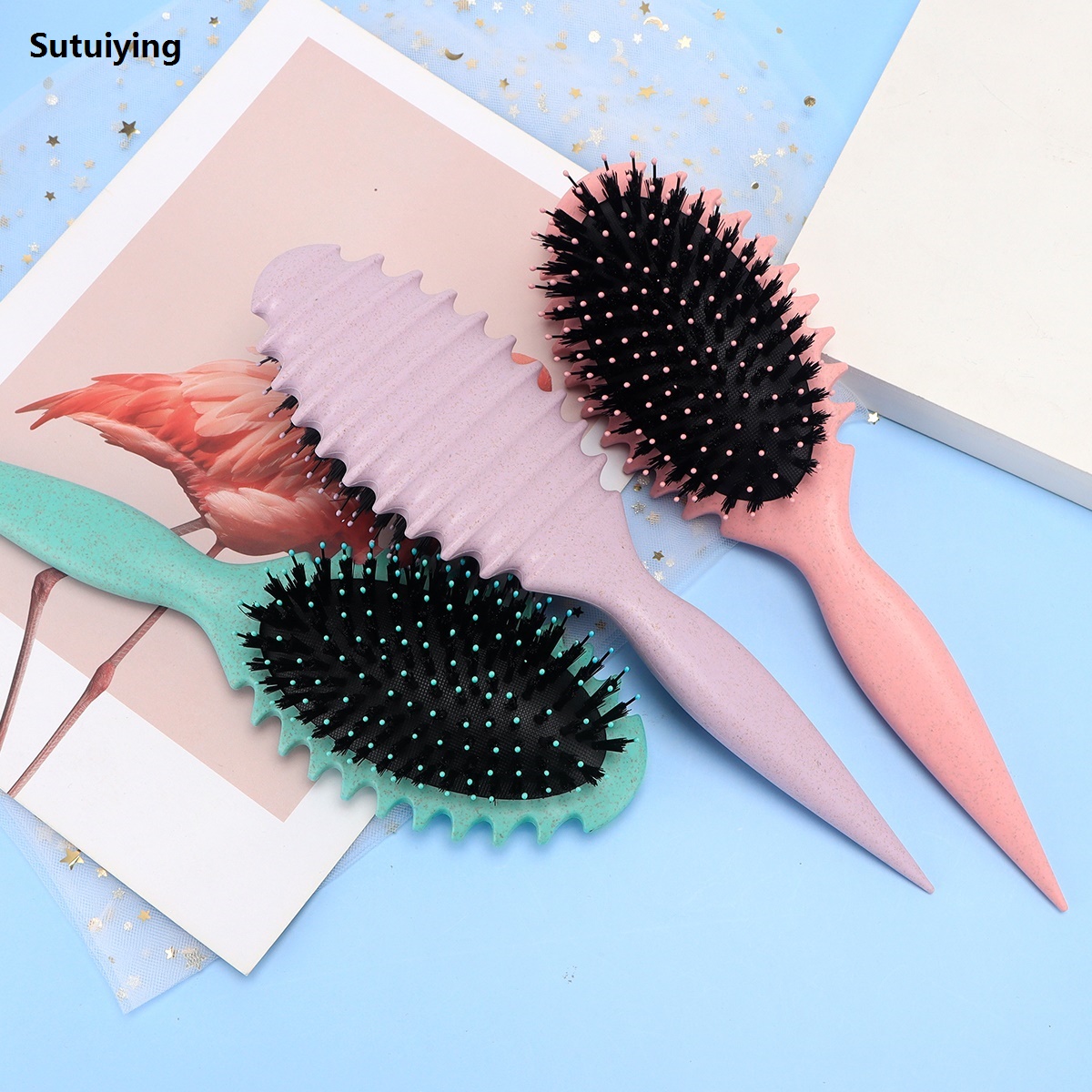 Sutuiying 2pcs portable bamboo and wood brush massage comb anti-static Luxury scalp comb safety airbag hair styling comb