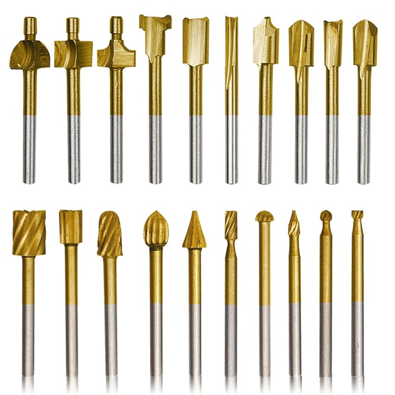 Engraving& Drilling Wood Carving Bits 20pcs, 1/8" Shank HSS Rotary Burr Set in Titanium Coating for DIY Woodworking