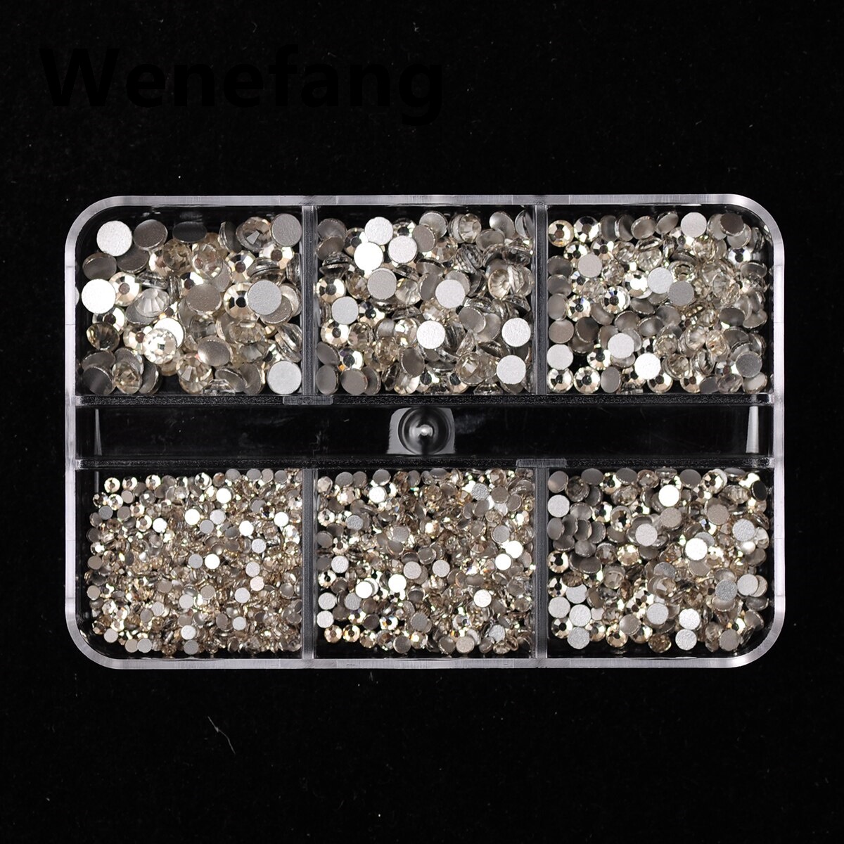 Wenefang 2 Boxs 6 Grids Black Clear Nail Art Decoration Rhinestones Set 2025 Round Flatback Gems Nail Charms Supplies for Professional