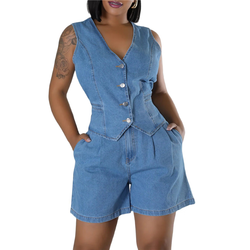 Denim Outfit for Women Buttons Denim Vest Top with High Waist Jean Shorts Going Out Outfits