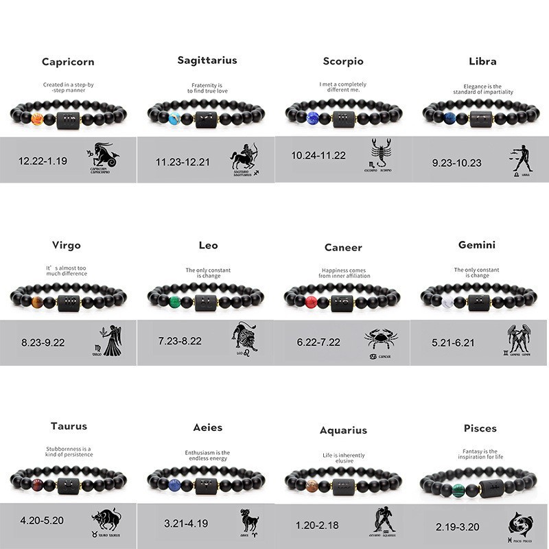 【New Arrivals】Twelve constellations elastic bracelet men's natural black agate stone bracelet direct sales