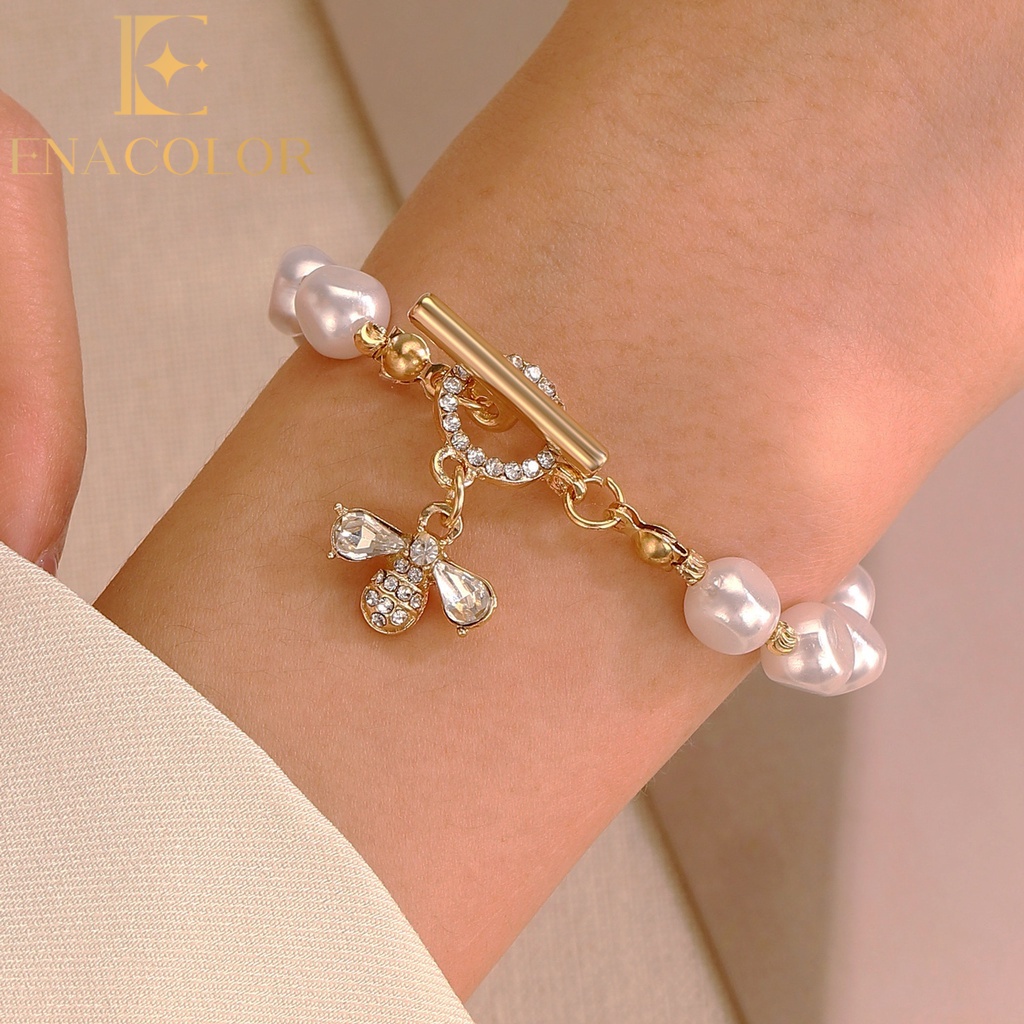 Enacolor Delicate Luxury Zircon Golden Metal Bee Shaped Pearl Bracelet for Women Chain Accessories 2024